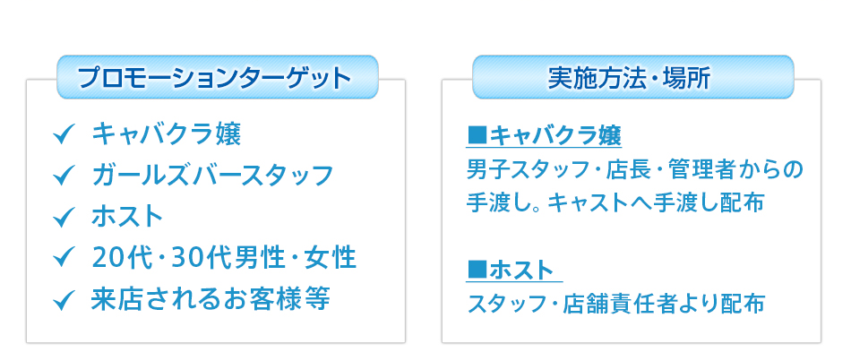プロモーションターゲット　キャバクラ嬢、ガールズバースタッフ、ホスト、20代・30代男性・女性、来店されるお客様等。　実施方法・場所　キャバクラ嬢へは、男性スタッフ・店長・管理者からの手渡し。キャストへ手渡し配布。ホストへは、スタッフ・店舗責任者より配布。