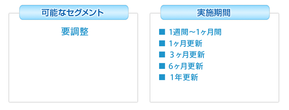 可能なセグメント　要調整。　実施期間　1週間から1か月間、1か月更新、3か月更新、6か月更新、1年更新。